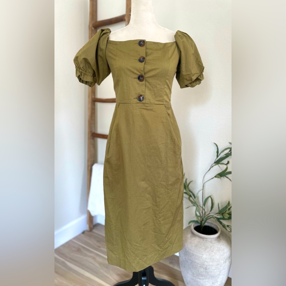 Zara Linen & Cotton Midi Off the Shoulder Puff Sleeve Olive Green Fitted Dress